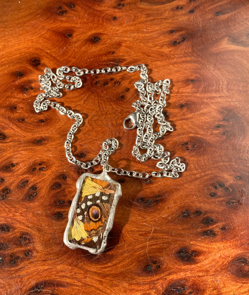 Butterfly wing & flower collage rectangle necklace