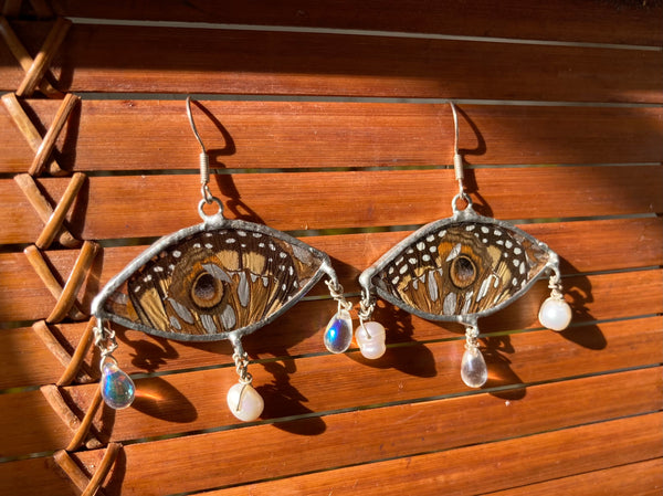 Butterfly wing collage + glass beads & cultured pearls