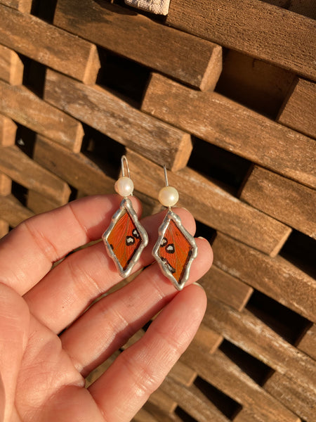 Gulf fritillary & cultured pearl drop earrings
