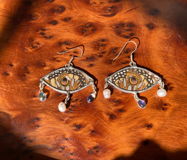 Butterfly wing collage + glass beads & cultured pearls