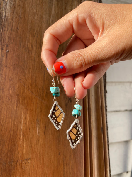 Monarch and turquoise wagnerite bead dangle earrings