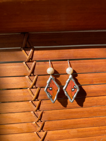 Gulf fritillary & cultured pearl drop earrings