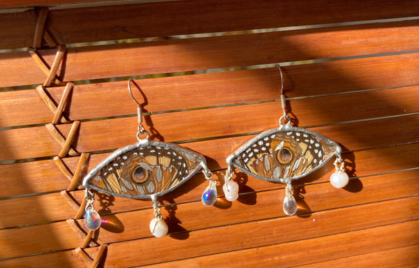 Butterfly wing collage + glass beads & cultured pearls