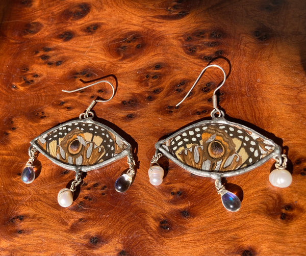 Butterfly wing collage + glass beads & cultured pearls