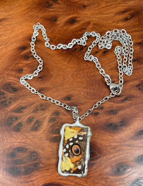 Butterfly wing & flower collage rectangle necklace