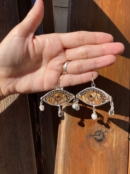 Butterfly wing collage + glass beads & cultured pearls