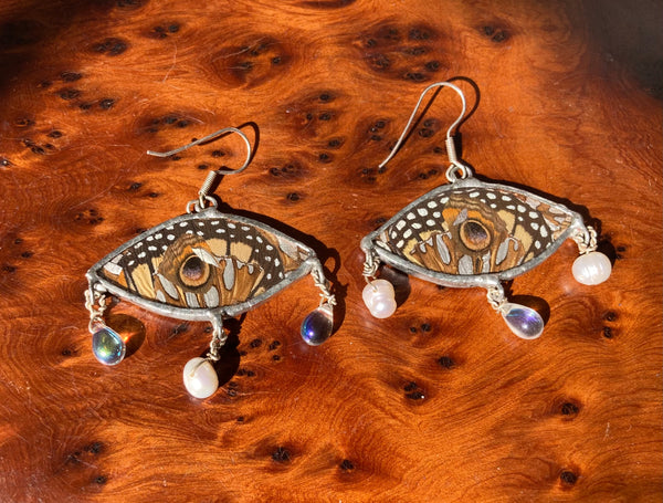 Butterfly wing collage + glass beads & cultured pearls