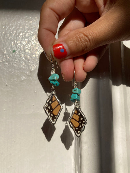 Monarch and turquoise wagnerite bead dangle earrings