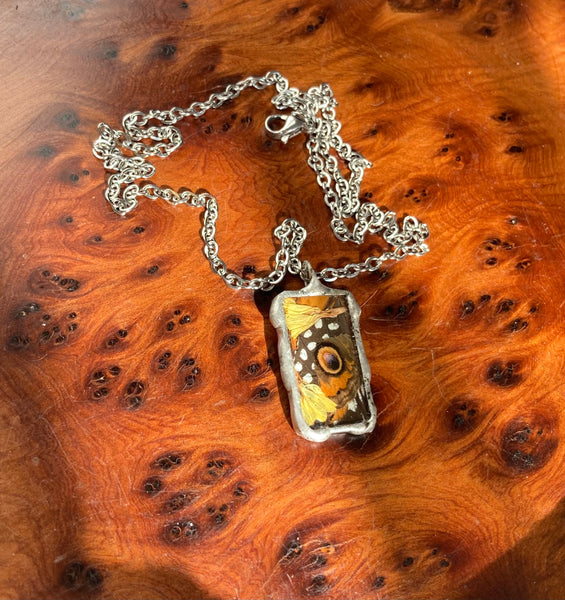Butterfly wing & flower collage rectangle necklace