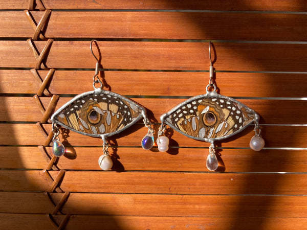 Butterfly wing collage + glass beads & cultured pearls