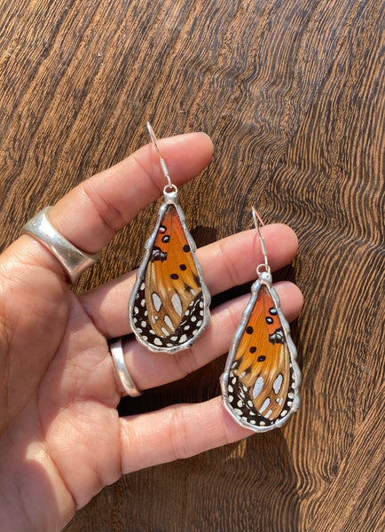 Gulf fritillary & monarch butterfly collage dew drop earrings