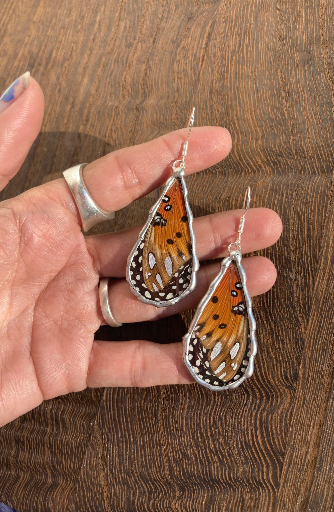 Gulf fritillary & monarch butterfly collage dew drop earrings